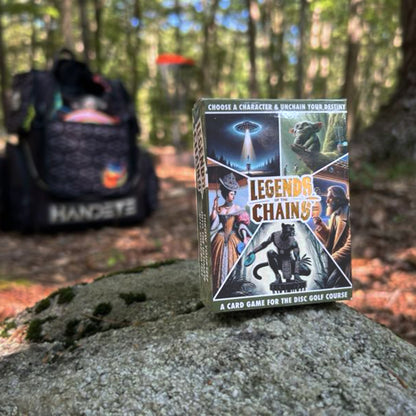 Legends of the Chains disc golf card game on disc golf course