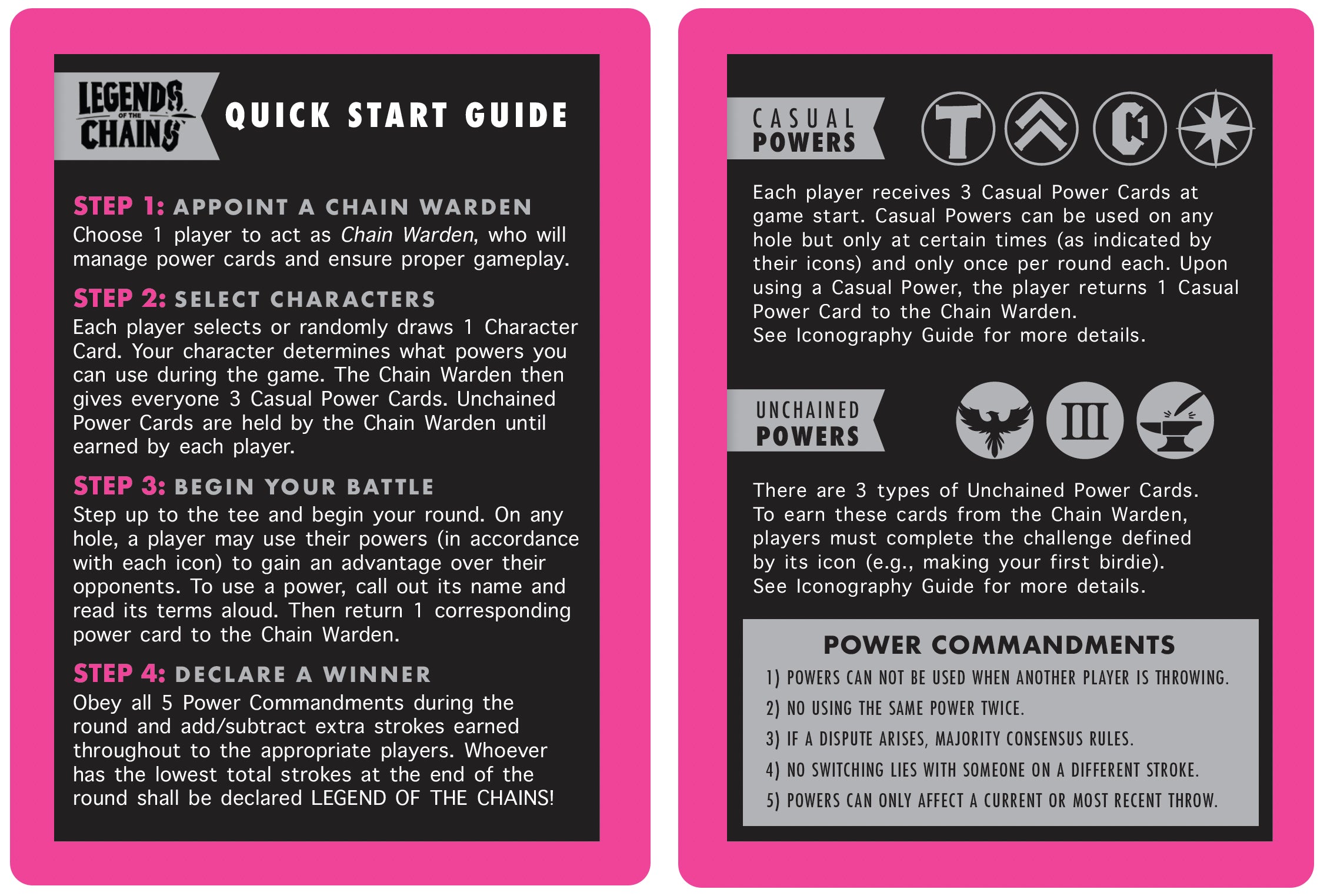 Legends of the Chains disc golf card game quick start guide